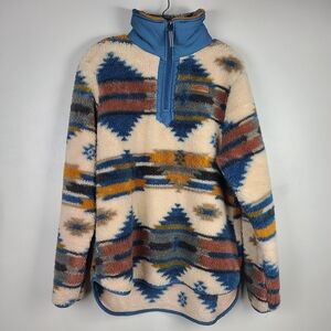 Simply Southern Blue Cream Southwestern Fleece Quarter Zip Pullover Sweatshirt L